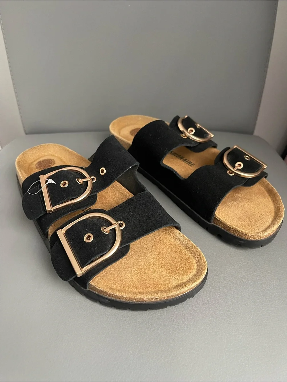 CUSHIONAIRE Black Suede Double Buckle Adjustable Slide Sandals Women 10W